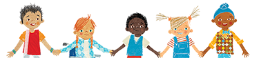 Five children holding hands illustrated by Suzanne Kaufman, taken from All Are Welcome by Alexandra Penfold.