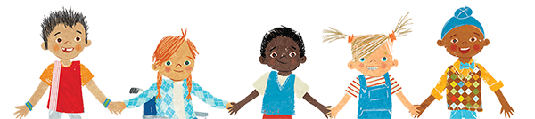 Five children holding hands illustrated by Suzanne Kaufman, taken from All Are Welcome by Alexandra Penfold.