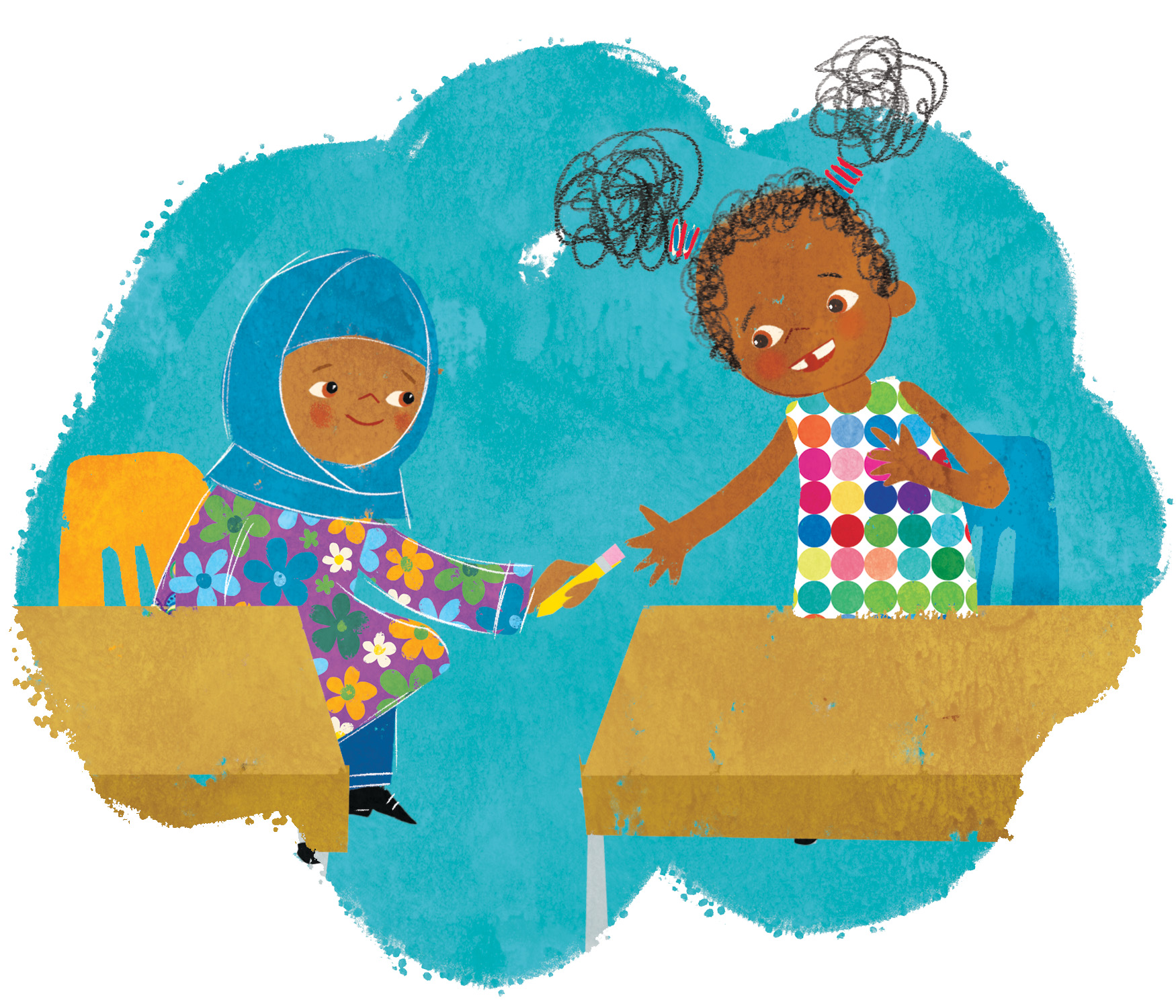 Two children sharing school supplies in a classroom illustrated by Suzanne Kaufman, taken from All Are Welcome by Alexandra Penfold.